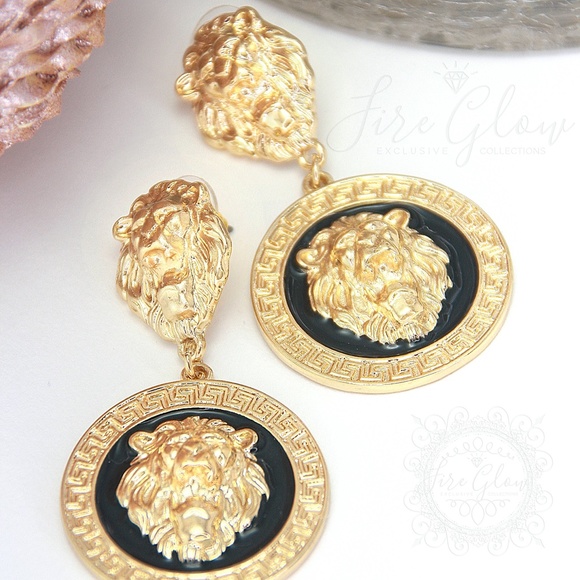 Black and Gold Tone Framed Lion Earrings - Picture 4 of 9